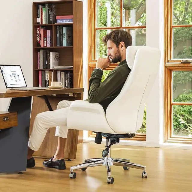 Alt view image 2 of 7 - Glitzhome Modern Executive Home High-Back Office Chair - Leather Adjustable Swivel Desk Chair with Armrest(Cream)