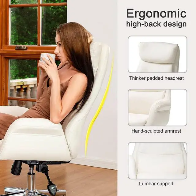 Alt view image 3 of 7 - Glitzhome Modern Executive Home High-Back Office Chair - Leather Adjustable Swivel Desk Chair with Armrest(Cream)