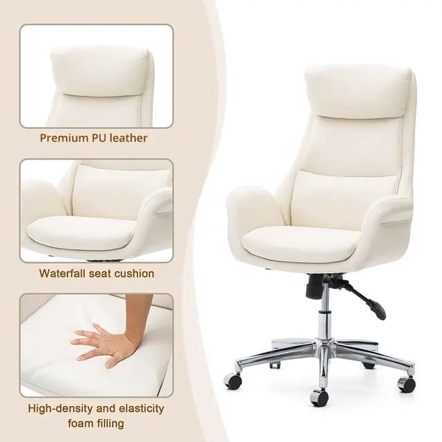 Alt view image 4 of 7 - Glitzhome Modern Executive Home High-Back Office Chair - Leather Adjustable Swivel Desk Chair with Armrest(Cream)