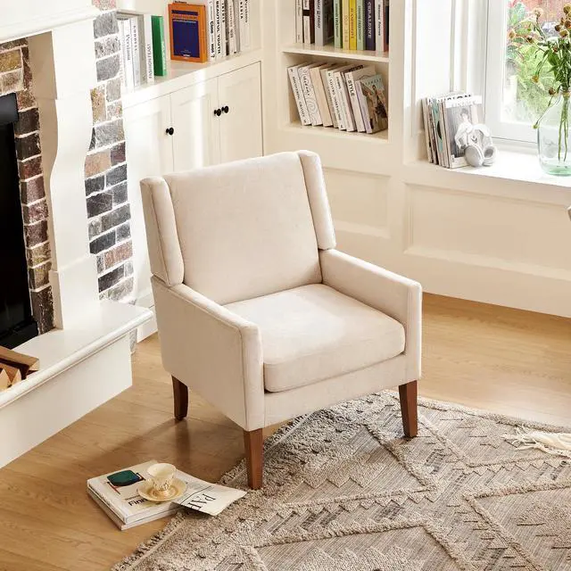Alt view image 2 of 6 - COLAMY Modern Wingback Living Room Chair, Upholstered Fabric Accent Armchair, Single Sofa Chair with Lounge Seat and Wood Legs for Office/Bedroom/Reading Spaces, Beige