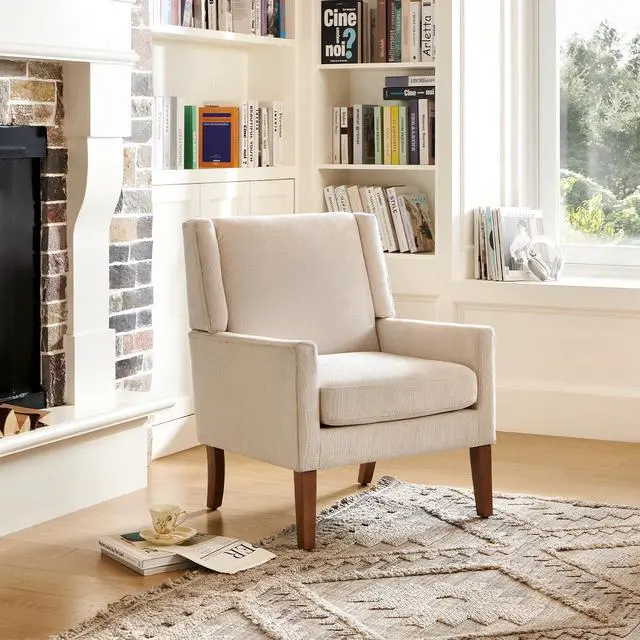 Alt view image 4 of 6 - COLAMY Modern Wingback Living Room Chair, Upholstered Fabric Accent Armchair, Single Sofa Chair with Lounge Seat and Wood Legs for Office/Bedroom/Reading Spaces, Beige