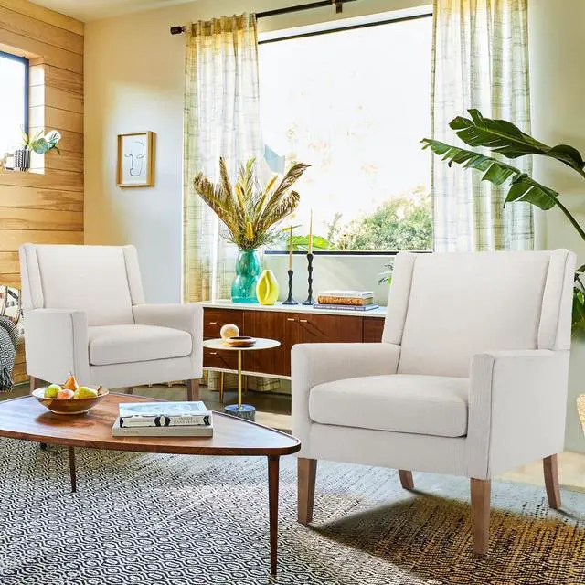 Alt view image 3 of 6 - COLAMY Modern Wingback Living Room Chair, Upholstered Fabric Accent Armchair, Single Sofa Chair with Lounge Seat and Wood Legs for Office/Bedroom/Reading Spaces, Beige
