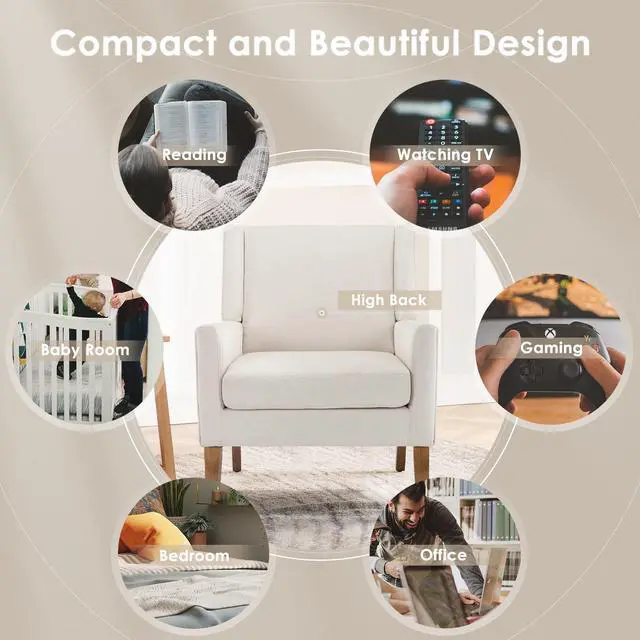 Alt view image 5 of 6 - COLAMY Modern Wingback Living Room Chair, Upholstered Fabric Accent Armchair, Single Sofa Chair with Lounge Seat and Wood Legs for Office/Bedroom/Reading Spaces, Beige