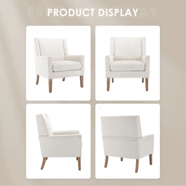 Alt view image 6 of 6 - COLAMY Modern Wingback Living Room Chair, Upholstered Fabric Accent Armchair, Single Sofa Chair with Lounge Seat and Wood Legs for Office/Bedroom/Reading Spaces, Beige