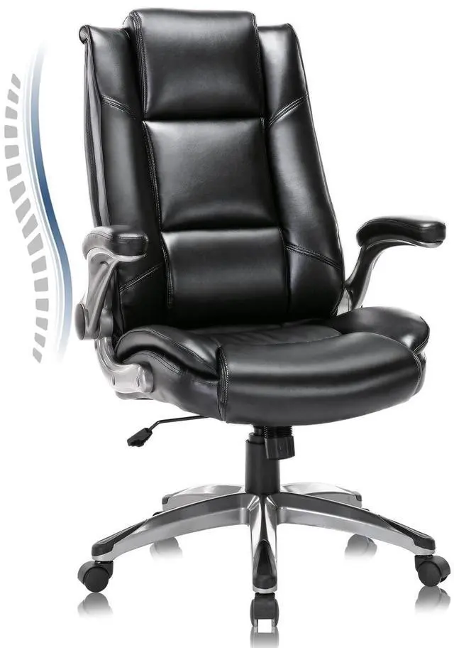 Main image of COLAMY Leather Executive Office Chair - High Back Home Computer Desk Chair with Padded Flip-up Arms, Adjustable Tilt Lock, Swivel Rolling Ergonomic Chair for Adult Working Study, Black