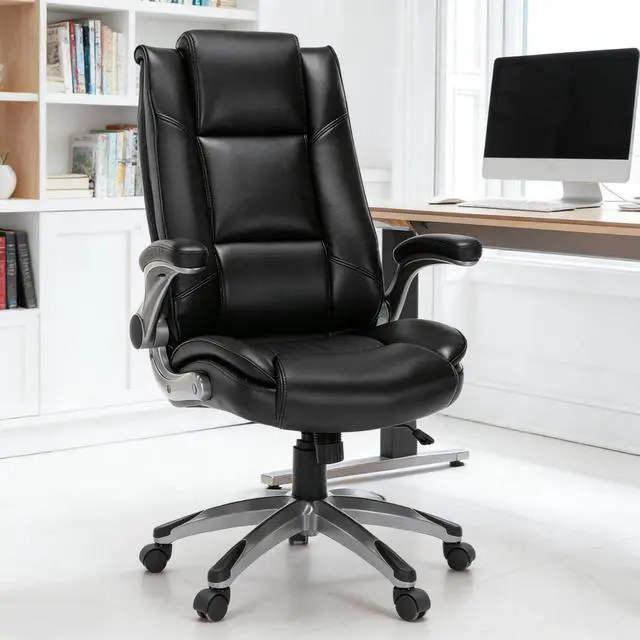 Alt view image 2 of 6 - COLAMY Leather Executive Office Chair - High Back Home Computer Desk Chair with Padded Flip-up Arms, Adjustable Tilt Lock, Swivel Rolling Ergonomic Chair for Adult Working Study, Black