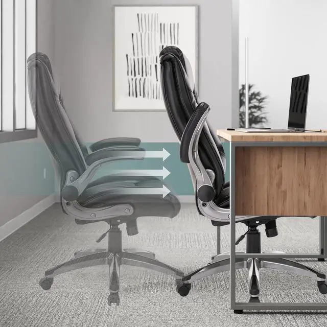 Alt view image 3 of 6 - COLAMY Leather Executive Office Chair - High Back Home Computer Desk Chair with Padded Flip-up Arms, Adjustable Tilt Lock, Swivel Rolling Ergonomic Chair for Adult Working Study, Black