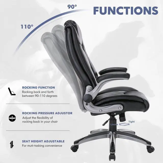 Alt view image 5 of 6 - COLAMY Leather Executive Office Chair - High Back Home Computer Desk Chair with Padded Flip-up Arms, Adjustable Tilt Lock, Swivel Rolling Ergonomic Chair for Adult Working Study, Black