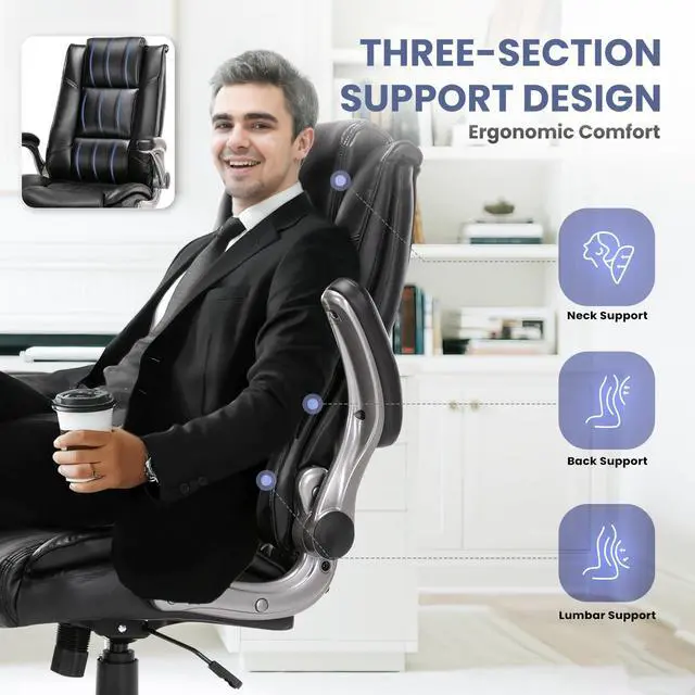 Alt view image 4 of 6 - COLAMY Leather Executive Office Chair - High Back Home Computer Desk Chair with Padded Flip-up Arms, Adjustable Tilt Lock, Swivel Rolling Ergonomic Chair for Adult Working Study, Black