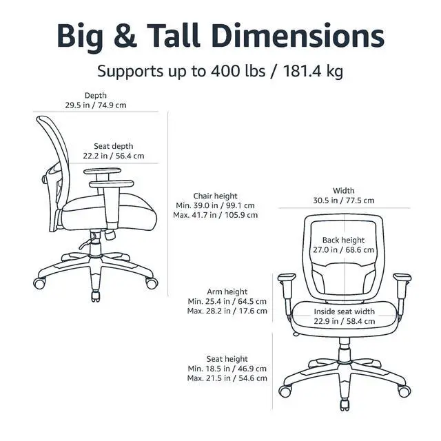 Alt view image 3 of 4 - Amazon Basics Big and Tall Mesh Office Chair with Adjustable Armrests, Lumbar Support, Adjustable Height, 400lbs Capacity, Black