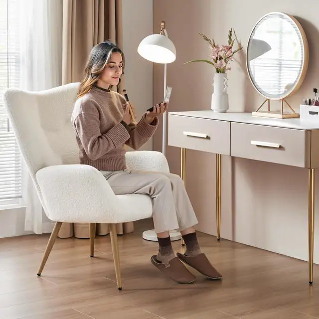 Alt view image 3 of 7 - Yaheetech Barrel Chair, Fuzzy Accent Chair with High Back, White | Boucle Fabric Armchair with Soft Padded, Modern Vanity Chair, for Living Room Bedroom Makeup Room