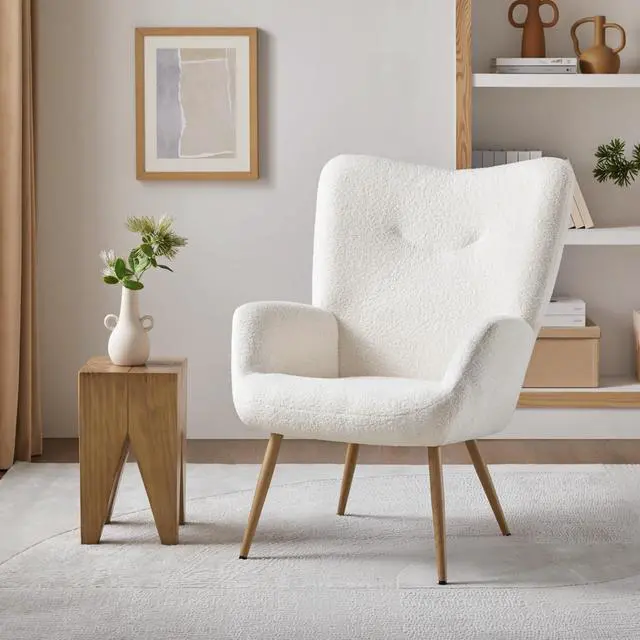 Alt view image 4 of 7 - Yaheetech Barrel Chair, Fuzzy Accent Chair with High Back, White | Boucle Fabric Armchair with Soft Padded, Modern Vanity Chair, for Living Room Bedroom Makeup Room