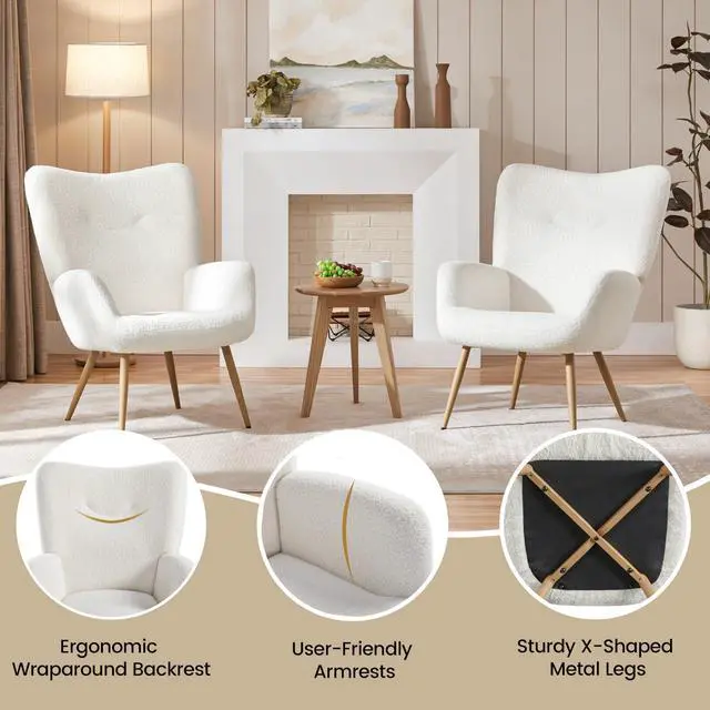 Alt view image 6 of 7 - Yaheetech Barrel Chair, Fuzzy Accent Chair with High Back, White | Boucle Fabric Armchair with Soft Padded, Modern Vanity Chair, for Living Room Bedroom Makeup Room