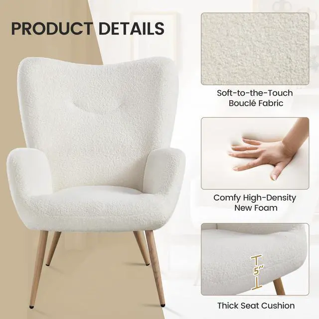 Alt view image 5 of 7 - Yaheetech Barrel Chair, Fuzzy Accent Chair with High Back, White | Boucle Fabric Armchair with Soft Padded, Modern Vanity Chair, for Living Room Bedroom Makeup Room