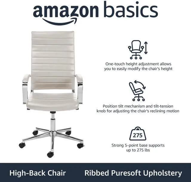 Alt view image 2 of 4 - Amazon Basics High-Back Swivel Office Chair with Lumbar Support, Ergonomic Ribbed Faux Leather, Modern Style, 45.25" x 24.75" x 23.25", Stunning White