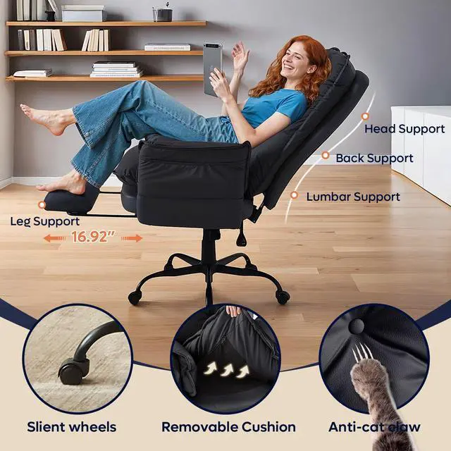 Alt view image 5 of 7 - Bestier Cross Legged Office Chair with Footrest, High Back Criss Cross Chair with Reversible Armrests and Wheels, Big and Tall Reclining Office Chair for Home PU Leather Black