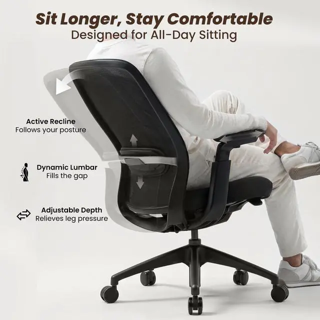 Alt view image 3 of 7 - COLAMY Aether Executive Office Chair for Long Hours, One-Touch Easy Adjust Managerial Desk Chair with Levitating Seat Cushion & Pilot-Level Sync Armrests, 300 LBS Mid Back Mesh Computer Chair,Black