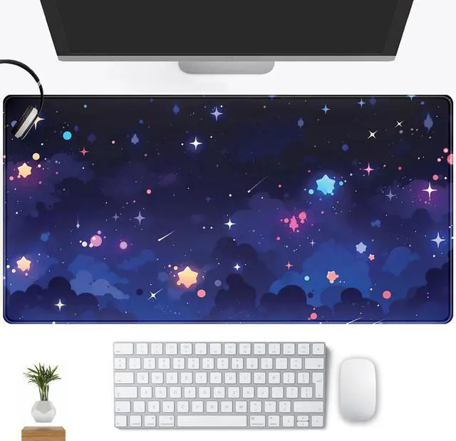 Main image of Blue Stars Desk Mat Cute Cloud Desk Pad, Aesthetic Starry Sky Mouse Mat Gaming Mousepad XXL, Extra Large Deskktop Mats for Keyboard and Mouse, Computer Laptop Mat Kawaii Desk Decor 31.5"x15.75"
