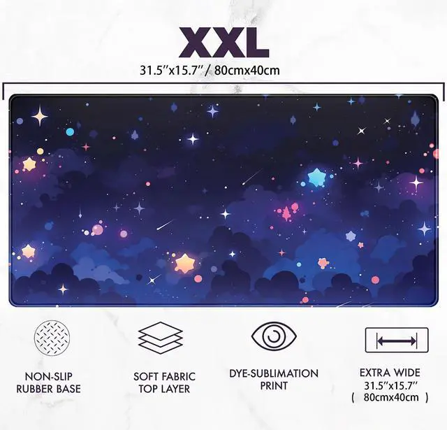 Alt view image 3 of 7 - Blue Stars Desk Mat Cute Cloud Desk Pad, Aesthetic Starry Sky Mouse Mat Gaming Mousepad XXL, Extra Large Deskktop Mats for Keyboard and Mouse, Computer Laptop Mat Kawaii Desk Decor 31.5"x15.75"