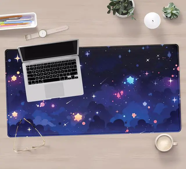 Alt view image 4 of 7 - Blue Stars Desk Mat Cute Cloud Desk Pad, Aesthetic Starry Sky Mouse Mat Gaming Mousepad XXL, Extra Large Deskktop Mats for Keyboard and Mouse, Computer Laptop Mat Kawaii Desk Decor 31.5"x15.75"