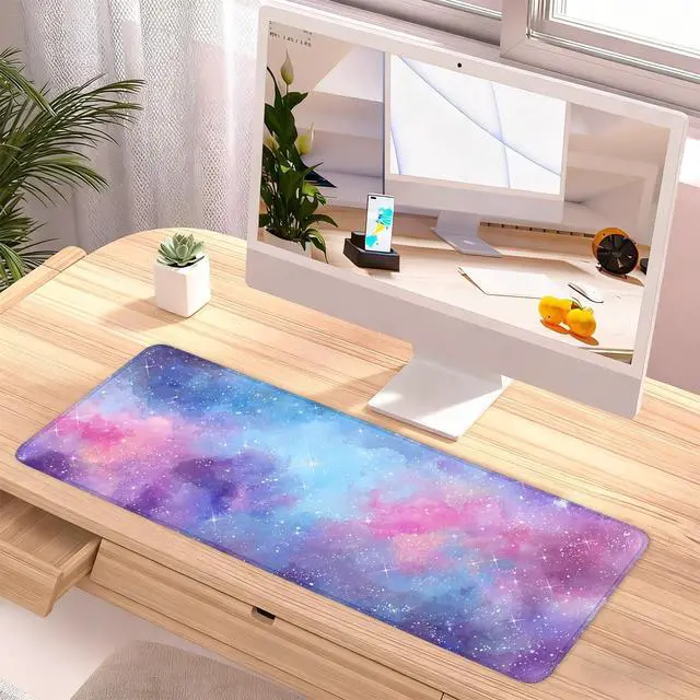 Alt view image 2 of 7 - Galaxy Mouse Pad Large, Extended Gaming Desk Mat 31.5 x 11.8 in Watercolor Nebula Starry Sky Design, Stitched Edges, Non-Slip Base, Keyboard and Mouse Pad for Office & Home
