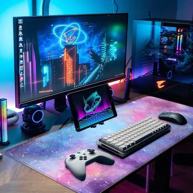 Alt view image 5 of 7 - Galaxy Mouse Pad Large, Extended Gaming Desk Mat 31.5 x 11.8 in Watercolor Nebula Starry Sky Design, Stitched Edges, Non-Slip Base, Keyboard and Mouse Pad for Office & Home