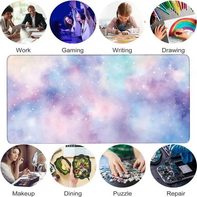 Alt view image 6 of 7 - Cute Cloud Mouse Pad Starry Sky Extended Large Gaming Mouse Pad Stitched Edges Galaxy XXL Colorful Pastel Desk Mat Non-Slip Base Space Big Mousepad for Computer Home Office Girls 31.5X15.7Inch