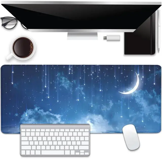 Alt view image 2 of 7 - Blue Sky Stars Moon Desk Pad Mouse Pad,Large XL Meteor Showers Mouse Mat with Stitched Edges,Non-Slip Rubber Base Mousepad for Office PC Keyboard Laptop and Home Work Desk Mat(27.5X11.8 in)