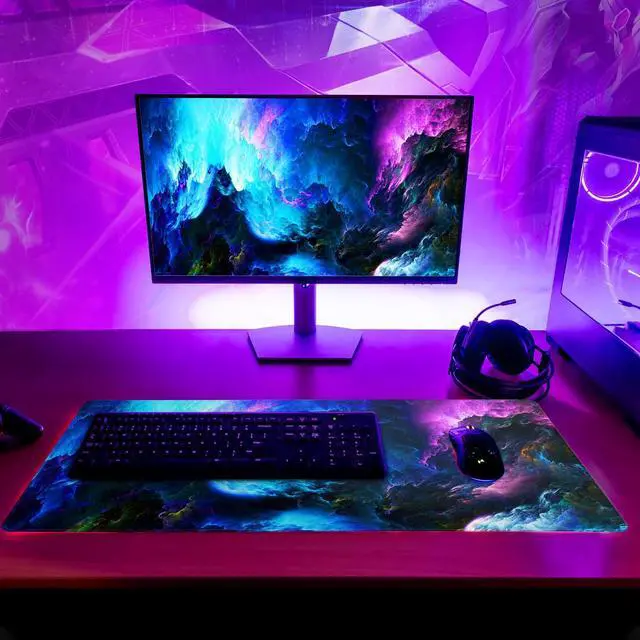 Alt view image 6 of 7 - Dazzling Galaxy Gaming Mouse Pad 31.5x11.8 Inch Blue Purple Galaxy Nebula Universe Space Large Mousepad Non-Slip Rubber Base Stitched Edges Keyboard Mouse Mat Desk Pad for Office Home and Game
