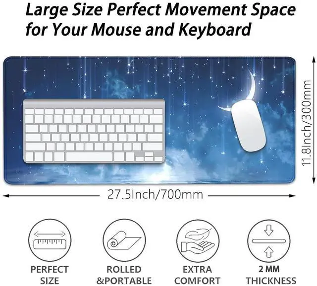 Alt view image 3 of 7 - Blue Sky Stars Moon Desk Pad Mouse Pad,Large XL Meteor Showers Mouse Mat with Stitched Edges,Non-Slip Rubber Base Mousepad for Office PC Keyboard Laptop and Home Work Desk Mat(27.5X11.8 in)