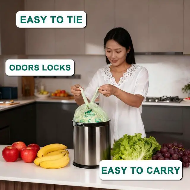 Alt view image 6 of 7 - 1.6 Gallon 100 Count,Compostable Bags Handle Tie,Tear Resistant Kitchen Food Scrap Waste Bag, ASTM D6400, US BPI and Europe OK Compost Home Certified