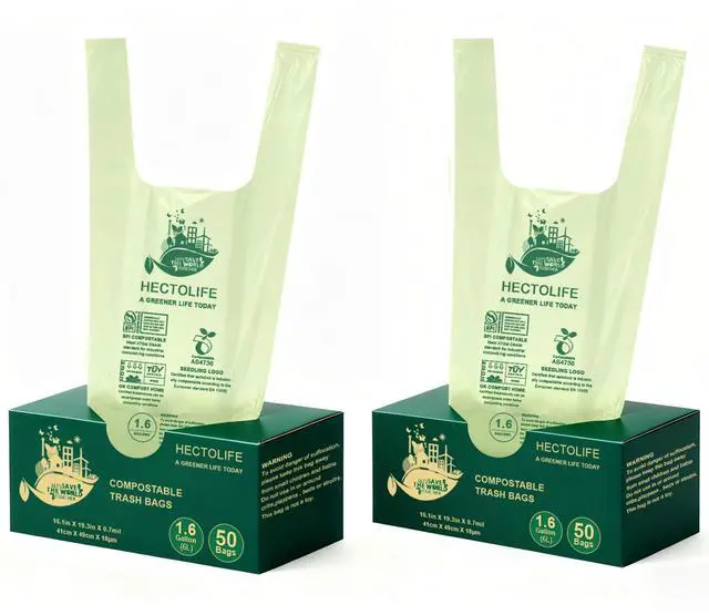 Main image of 1.6 Gallon 100 Count,Compostable Bags Handle Tie,Tear Resistant Kitchen Food Scrap Waste Bag, ASTM D6400, US BPI and Europe OK Compost Home Certified
