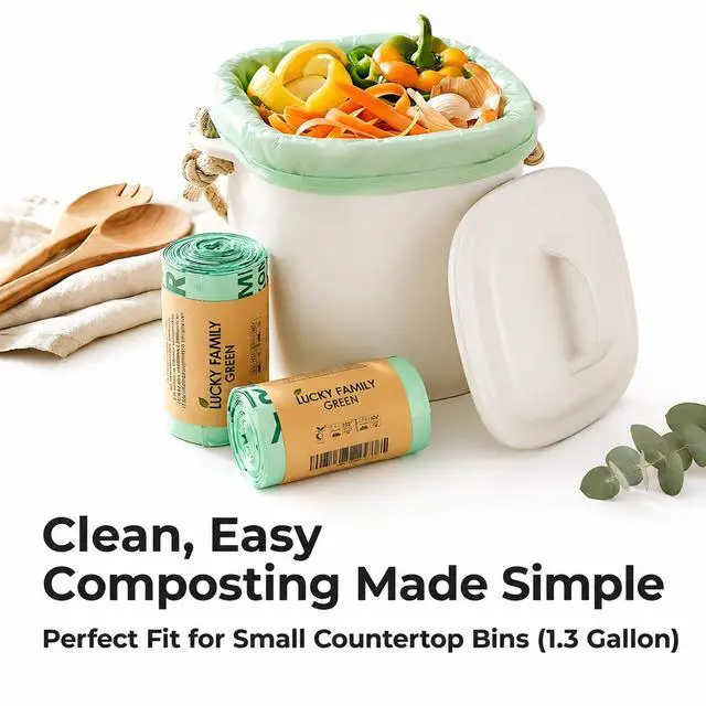 Alt view image 3 of 7 - Compostable Trash Bags for Kitchen Compost Bins 1.3 Gallon Small Compost Bags for Countertop Bin, Green Compostable Bags, BPI Certified ASTM D6400, Leak-Resistant Food Waste Bags (50 Count)