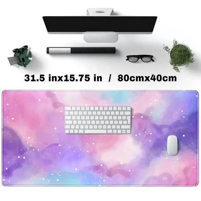 Alt view image 2 of 6 - Desk Pad Purple Starry Sky Cute Gaming Mouse Pad Galaxy Gamer Girl Cute Pink Desk Decor Keyboard Desk Mat, Stitched Edges Desktop with Stitched Edges Non-Slip Large Computer Mat 31.5x15.7 in