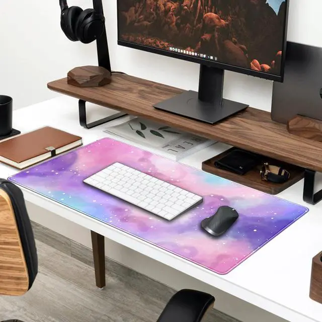 Alt view image 4 of 6 - Desk Pad Purple Starry Sky Cute Gaming Mouse Pad Galaxy Gamer Girl Cute Pink Desk Decor Keyboard Desk Mat, Stitched Edges Desktop with Stitched Edges Non-Slip Large Computer Mat 31.5x15.7 in