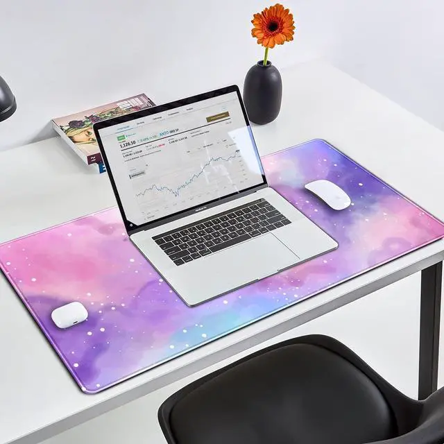 Alt view image 3 of 6 - Desk Pad Purple Starry Sky Cute Gaming Mouse Pad Galaxy Gamer Girl Cute Pink Desk Decor Keyboard Desk Mat, Stitched Edges Desktop with Stitched Edges Non-Slip Large Computer Mat 31.5x15.7 in