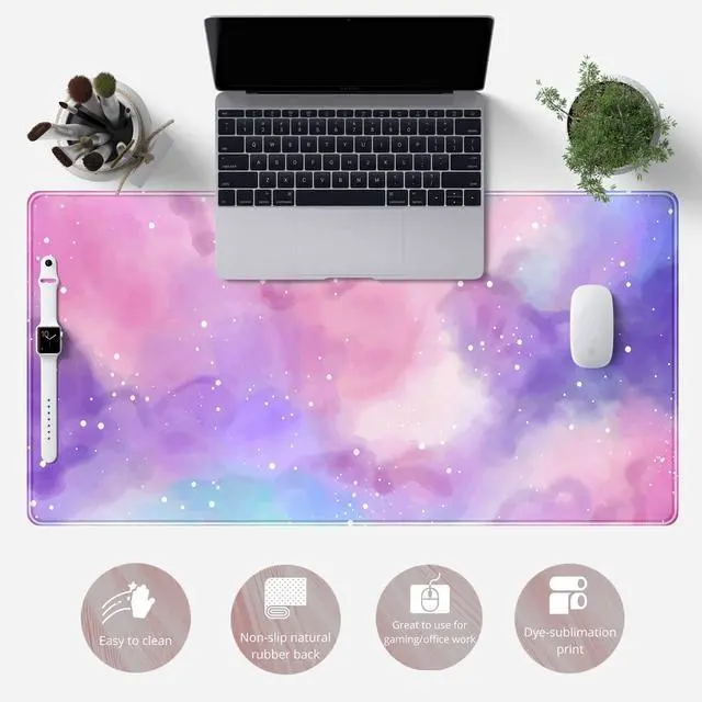 Alt view image 6 of 6 - Desk Pad Purple Starry Sky Cute Gaming Mouse Pad Galaxy Gamer Girl Cute Pink Desk Decor Keyboard Desk Mat, Stitched Edges Desktop with Stitched Edges Non-Slip Large Computer Mat 31.5x15.7 in