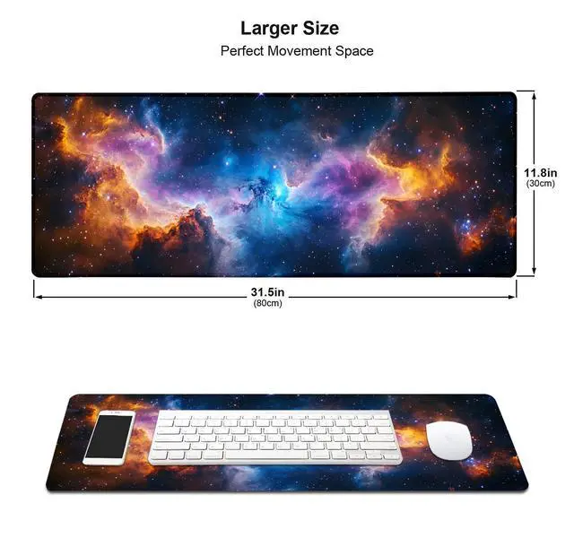 Alt view image 2 of 7 - Space Universe Nebula Galaxy Large Mouse Pad, Desk Mat Computer Keyboard Pad Non-Slip Rubber Base Waterproof with Stitched Edges for Laptop Gaming, Office & Home 31.5 x 11.8 Inch (XL-19)