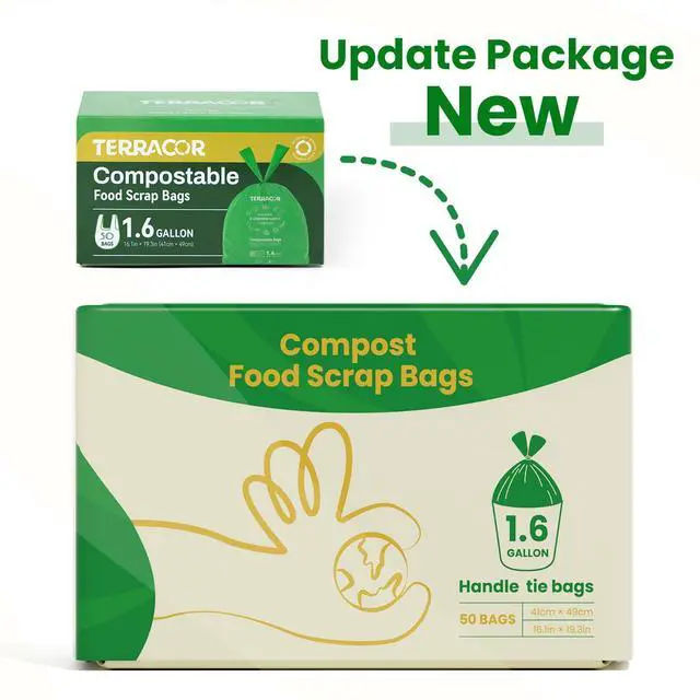 Alt view image 2 of 7 - 1.6 Gallon Compostable Food Scrap Bags Handle Tie for Kitchen Countertop Bin, 6 Liter Small Compost Bags, 50 Count, BPI Certified and Meet The ASTM D6400 Standard