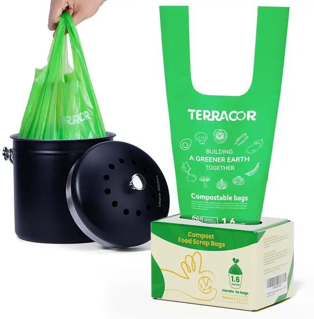Main image of 1.6 Gallon Compostable Food Scrap Bags Handle Tie for Kitchen Countertop Bin, 6 Liter Small Compost Bags, 50 Count, BPI Certified and Meet The ASTM D6400 Standard