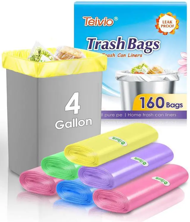 Main image of Teivio Small Trash Bags 4 Gallon 160 Counts Clear Colorful Garbage Bags, Bathroom Trash Can Bin Liners, Plastic Bags for home office kitchen, fit 12-15 Liter, 3,3.5,4.5 Gal, Colorful
