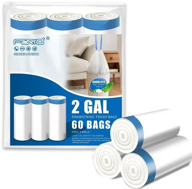 Main image of Mini Drawstring Trash Bags - 2 Gallon Small Bathroom Garbage Bags White Plastic Trash Can Liners Disposable Unscented Wastebasket Bags 60 Count for Office bedroom Home 7.5 Liter