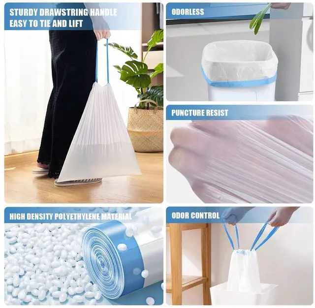 Alt view image 6 of 7 - Mini Drawstring Trash Bags - 2 Gallon Small Bathroom Garbage Bags White Plastic Trash Can Liners Disposable Unscented Wastebasket Bags 60 Count for Office bedroom Home 7.5 Liter