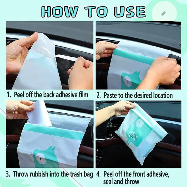 Alt view image 4 of 6 - 52pcs Car Trash Bags Easy Stick-On Disposable Portable Car Garbage Bags, Waterproof Leak Proof Barf Vomit Bags, Self Adhesive Cleaning Bags for Cars, Bedrooms, Bathrooms, Offices, Kitchens - Pattern A