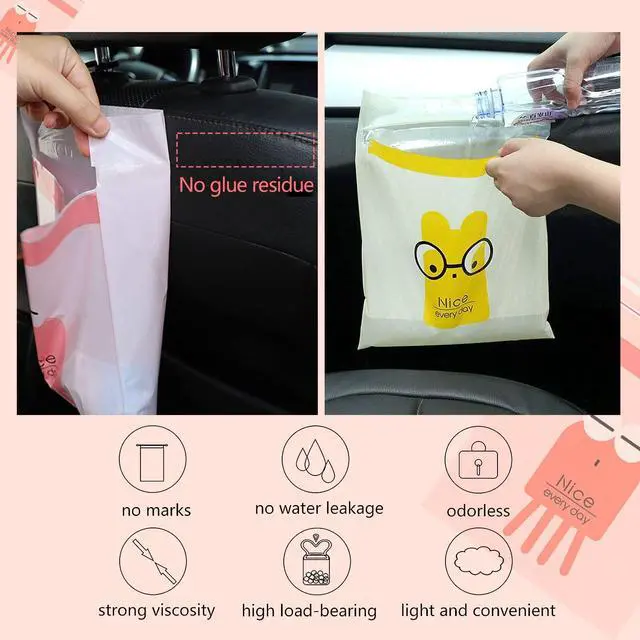 Alt view image 5 of 6 - 52pcs Car Trash Bags Easy Stick-On Disposable Portable Car Garbage Bags, Waterproof Leak Proof Barf Vomit Bags, Self Adhesive Cleaning Bags for Cars, Bedrooms, Bathrooms, Offices, Kitchens - Pattern A
