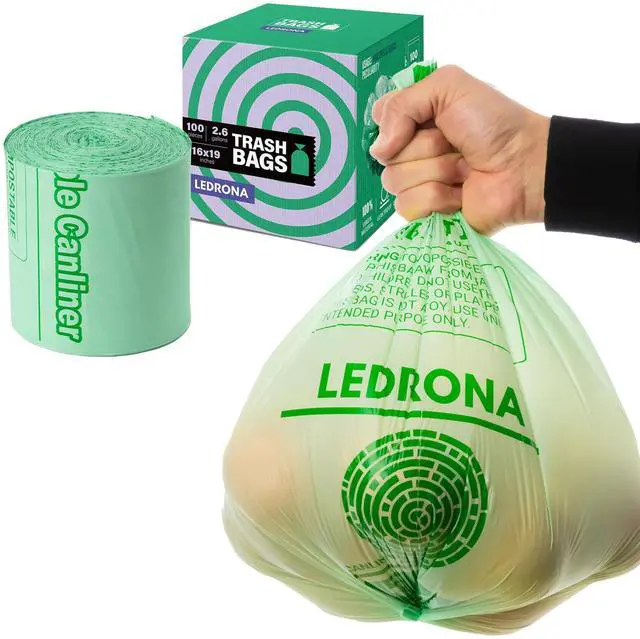 Main image of 100 Compostable Trash Bags - 2.6 Gallon Garbage Bags for Kitchen Bin - Unscented, Leak Proof, Extra Strong - Disposable Food Waste Basket Liners - Certified by BPI & OK compost HOME by TÜV AUSTRIA