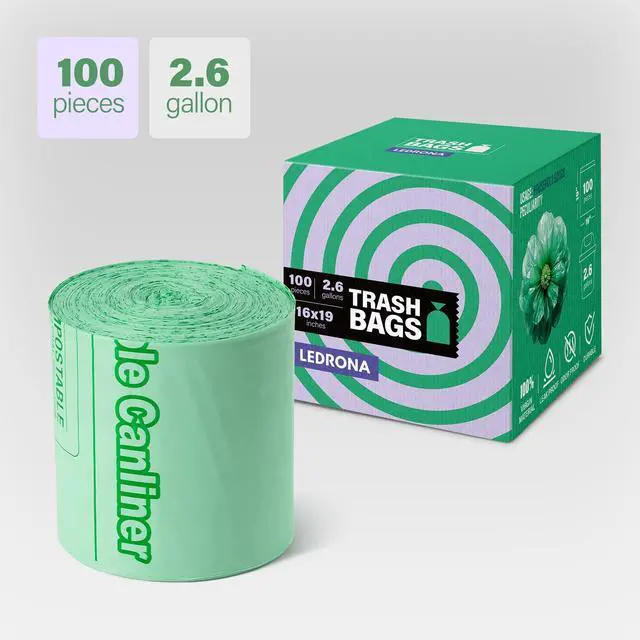 Alt view image 2 of 7 - 100 Compostable Trash Bags - 2.6 Gallon Garbage Bags for Kitchen Bin - Unscented, Leak Proof, Extra Strong - Disposable Food Waste Basket Liners - Certified by BPI & OK compost HOME by TÜV AUSTRIA