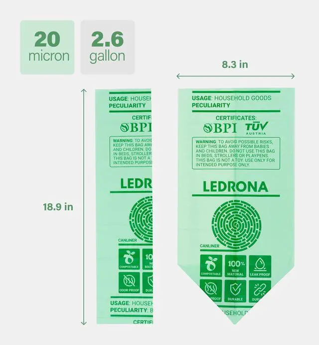 Alt view image 3 of 7 - 100 Compostable Trash Bags - 2.6 Gallon Garbage Bags for Kitchen Bin - Unscented, Leak Proof, Extra Strong - Disposable Food Waste Basket Liners - Certified by BPI & OK compost HOME by TÜV AUSTRIA