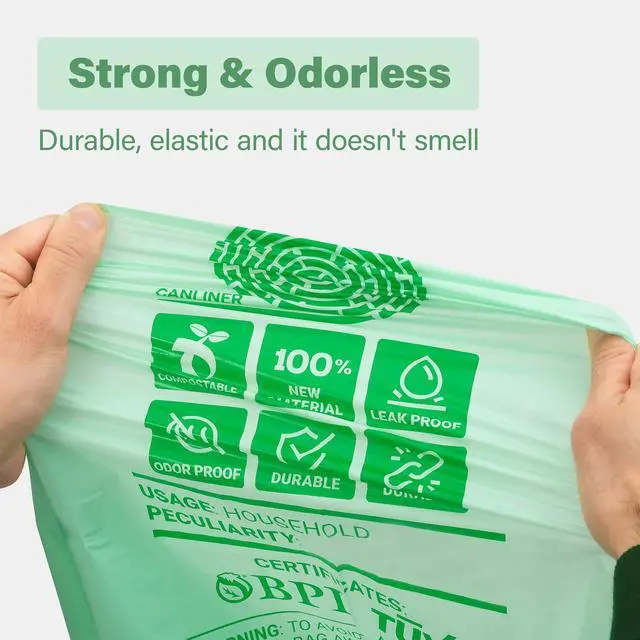 Alt view image 5 of 7 - 100 Compostable Trash Bags - 2.6 Gallon Garbage Bags for Kitchen Bin - Unscented, Leak Proof, Extra Strong - Disposable Food Waste Basket Liners - Certified by BPI & OK compost HOME by TÜV AUSTRIA
