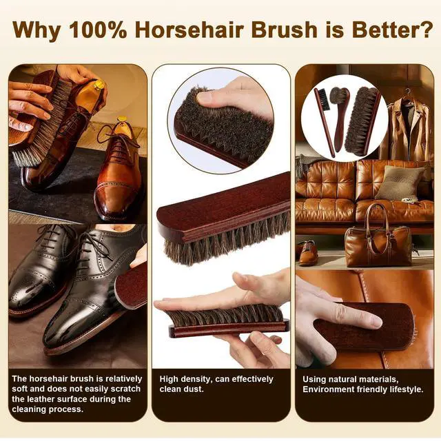 Alt view image 2 of 7 - 4-Piece 100% Horse Hair Shoe Brush Kit for Leather Care Professional Dauber Applicators and Polishing Brushes with Cleaning Cloth for Leather Shoes, Boots, Bags, Jackets & Car Detailing